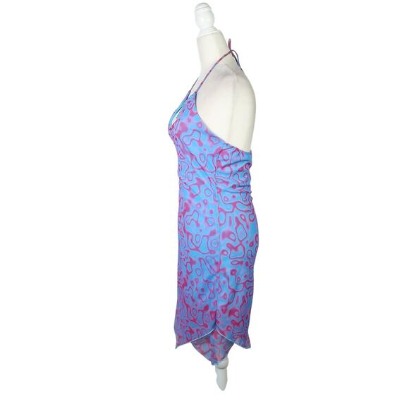Vintage 90s Hi-Sense Blue and Pink Psychedelic Halter Handkerchief Hem Dress S - Picture 3 of 5